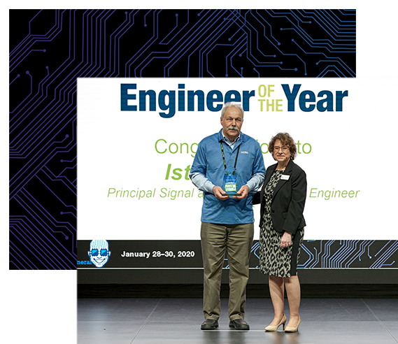 Istvan Novak, 2020 Engineer of the Year, accepted the award from Naomi Price, Conference Content Director for DesignCon.