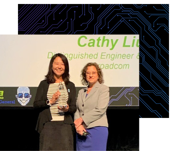 Dr. Cathy Liu accepts the 2021 Engineer of the  Year Award from Naomi Price, Conference  Director for DesignCon