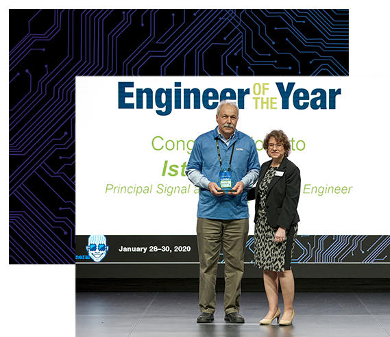 Istvan Novak, 2020 Engineer of the Year, accepted the award from Naomi Price, Conference Content Director for DesignCon.