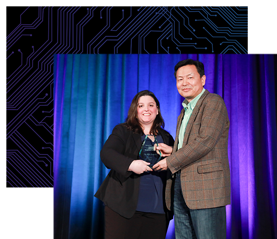 2018 Engineer of the Year Dr. Mike Peng Li accepted the award from Suzanne Deffree, currently Brand Director,  Intelligent Systems & Design.