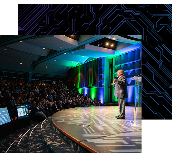 Boston Dynamics’ Devin Billings and Spot the mobile robot on stage during a keynote address.