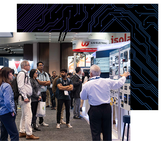 A crowd gathers to listen to a presentation by one of the DesignCon exhibitors.