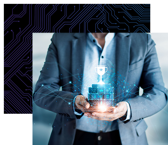 Businessman holding icon of digital marketing and cup of leadership trophy